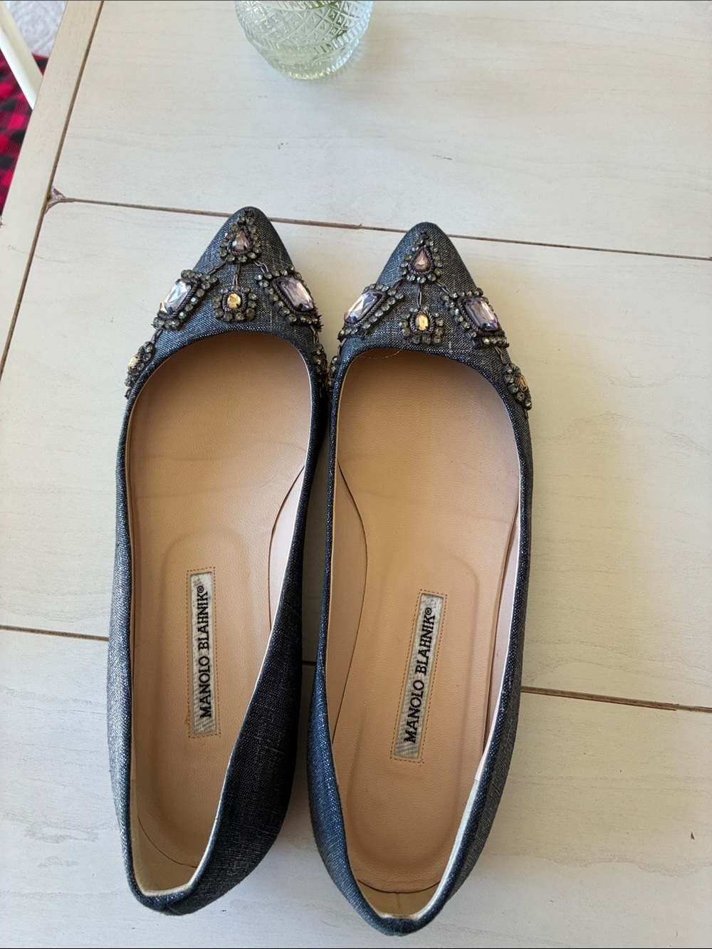 Manolo Blahnik Black Jeweled Pointed-Toe Flats